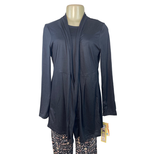 Muk Luks 3-Piece Black Open Cardigan T-Shirt & Floral Pant Lounge Set Sz S - New