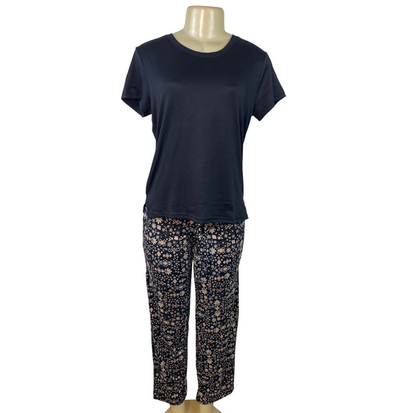 Muk Luks 3-Piece Black Open Cardigan T-Shirt & Floral Pant Lounge Set Sz S - New