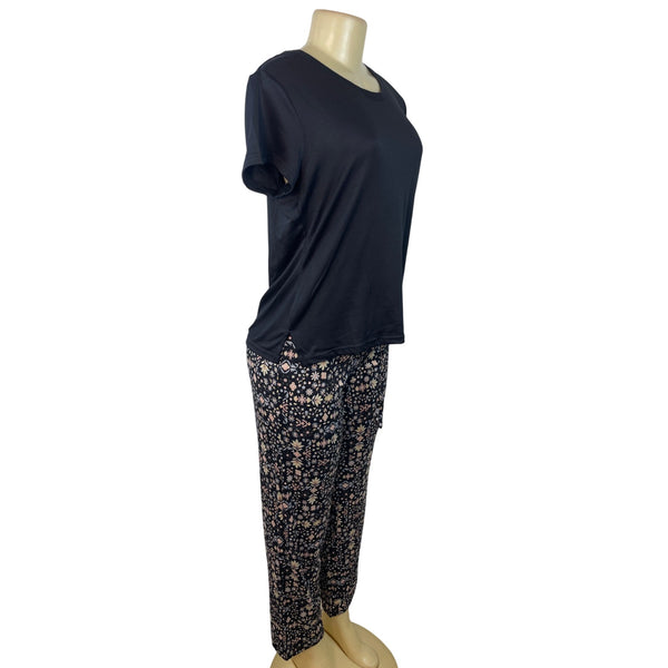 Muk Luks 3-Piece Black Open Cardigan T-Shirt & Floral Pant Lounge Set Sz S - New