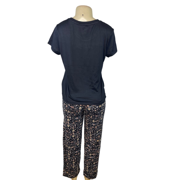 Muk Luks 3-Piece Black Open Cardigan T-Shirt & Floral Pant Lounge Set Sz S - New
