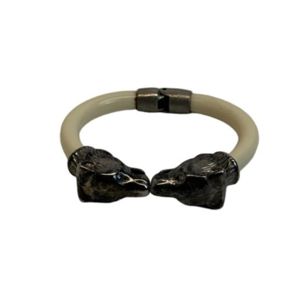 Vtg KIssing Bear Clamp Cuff Silver Tone and White Lucite Bangel Bracelet - 6in