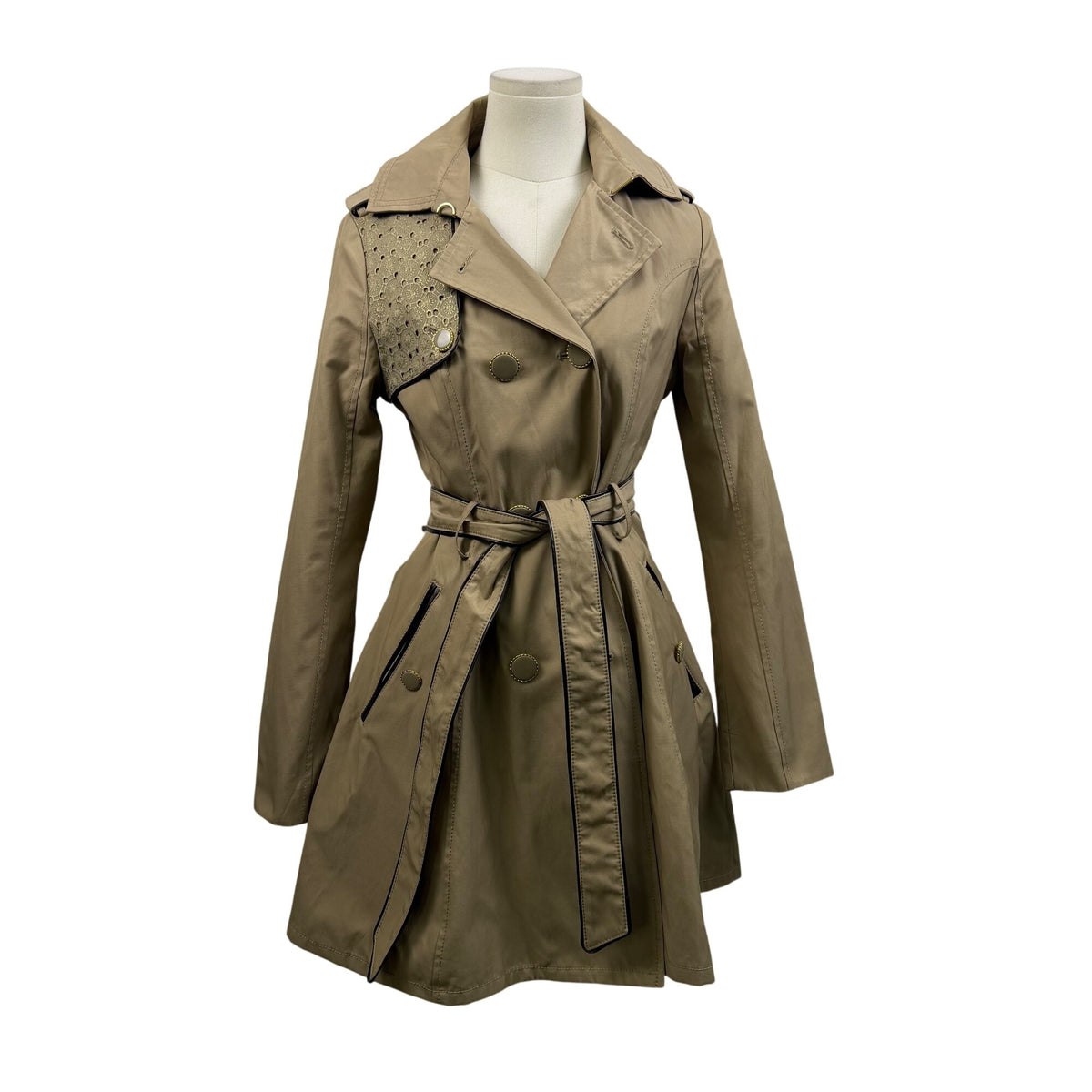 Betsey Johnson Women’s Beige Studded Trench Coat Jacket Detailed Belt Sz XS