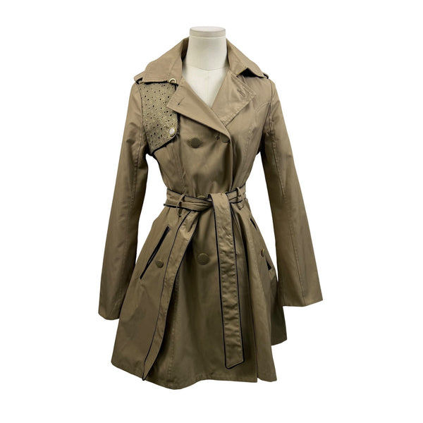 Betsey Johnson Women’s Beige Studded Trench Coat Jacket Detailed Belt Sz XS