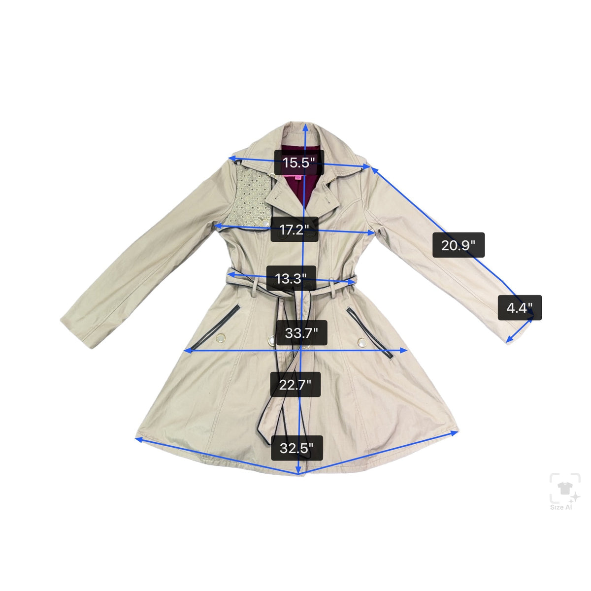 Betsey Johnson Women’s Beige Studded Trench Coat Jacket Detailed Belt Sz XS