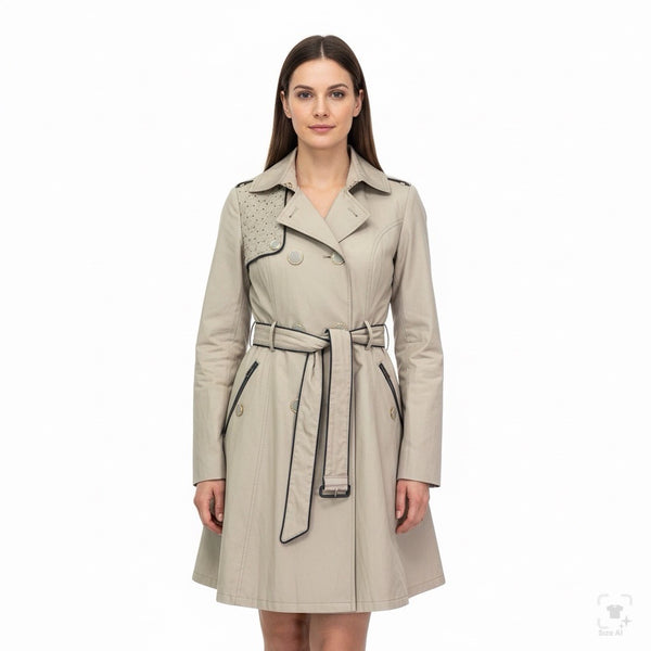 Betsey Johnson Women’s Beige Studded Trench Coat Jacket Detailed Belt Sz XS