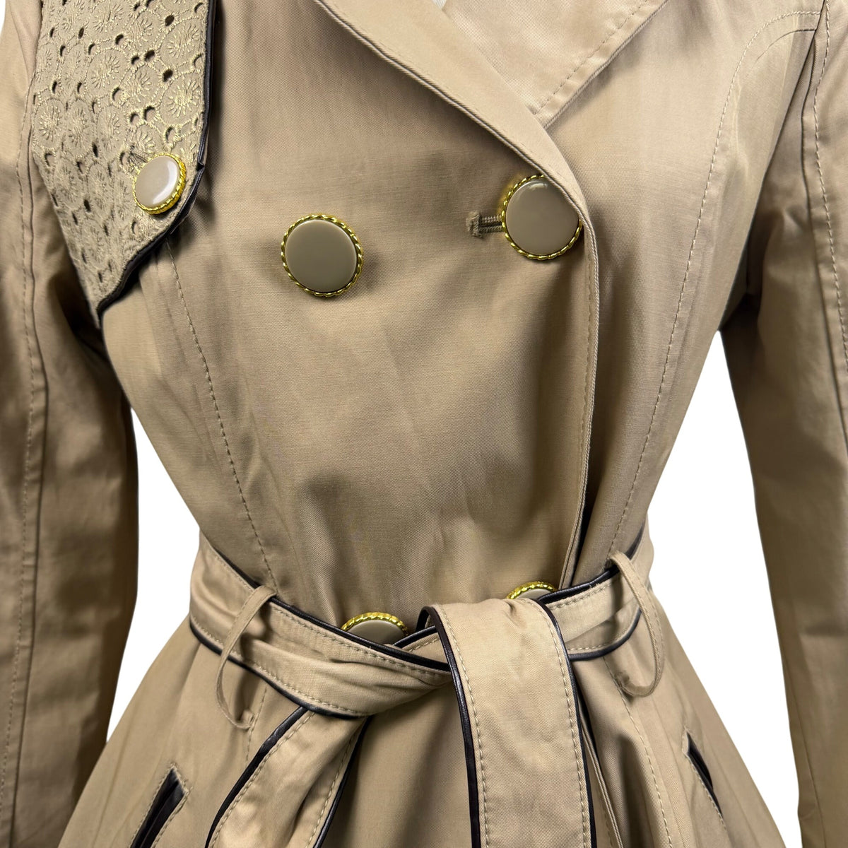 Betsey Johnson Women’s Beige Studded Trench Coat Jacket Detailed Belt Sz XS