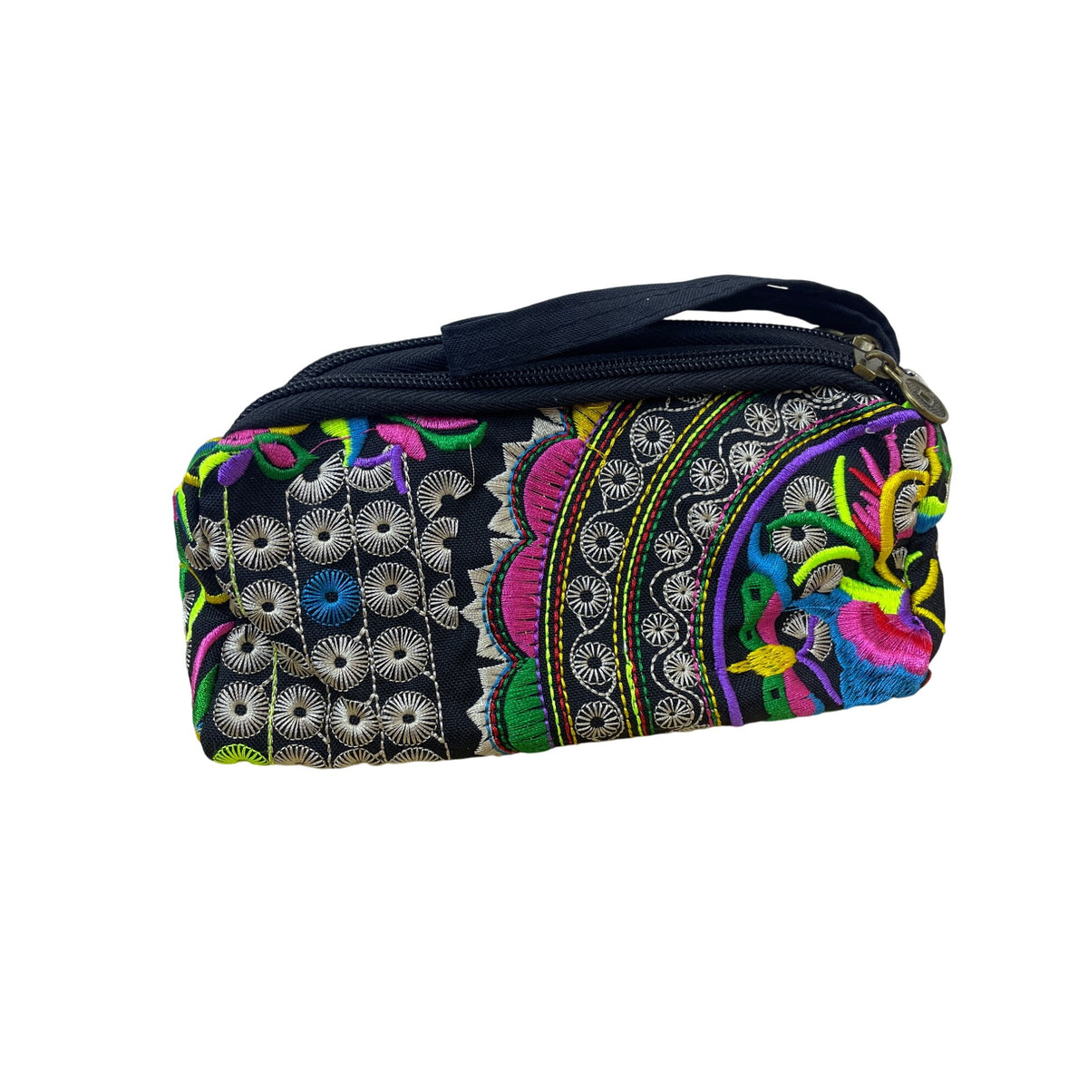 Colorful Floral Embroidered Womens Black Canvas Multi-Compartment Pouch Wristlet Bag