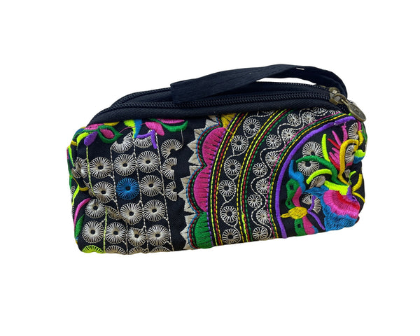 Colorful Floral Embroidered Womens Black Canvas Multi-Compartment Pouch Wristlet Bag