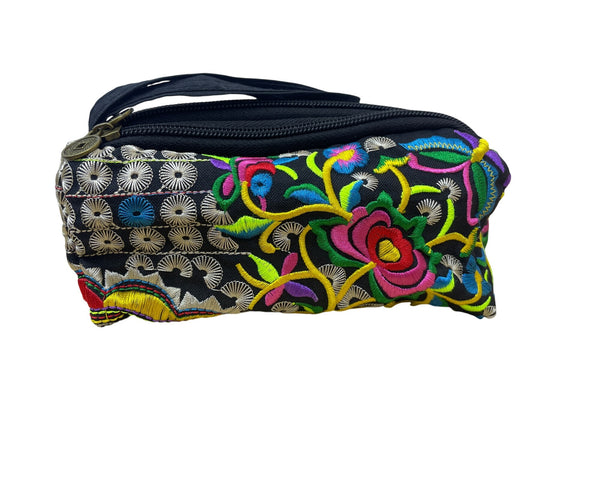 Colorful Floral Embroidered Womens Black Canvas Multi-Compartment Pouch Wristlet Bag
