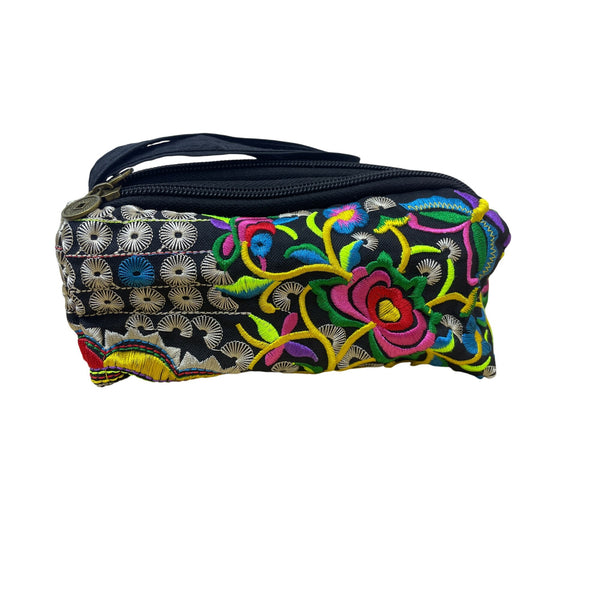 Colorful Floral Embroidered Womens Black Canvas Multi-Compartment Pouch Wristlet Bag