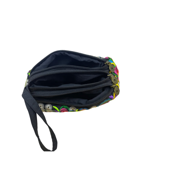 Colorful Floral Embroidered Womens Black Canvas Multi-Compartment Pouch Wristlet Bag