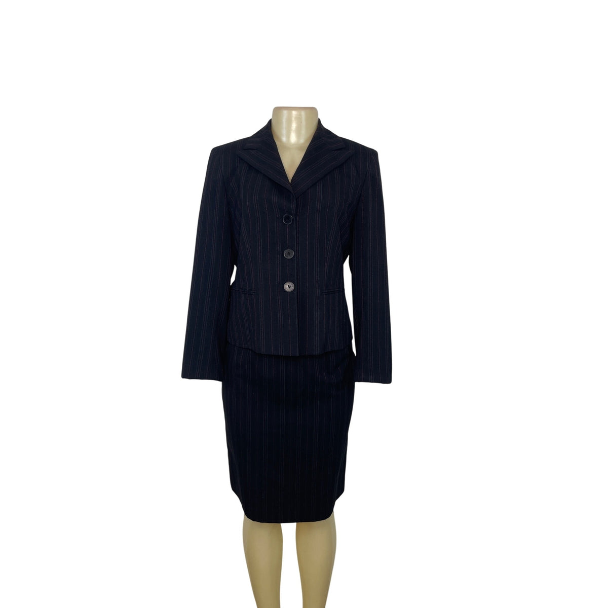 Ann Klein Women’s Pinstripe Two-Piece Suit Jacket & Skirt Size 6P Button-Up Closure Classic Fit Professional Office Wear