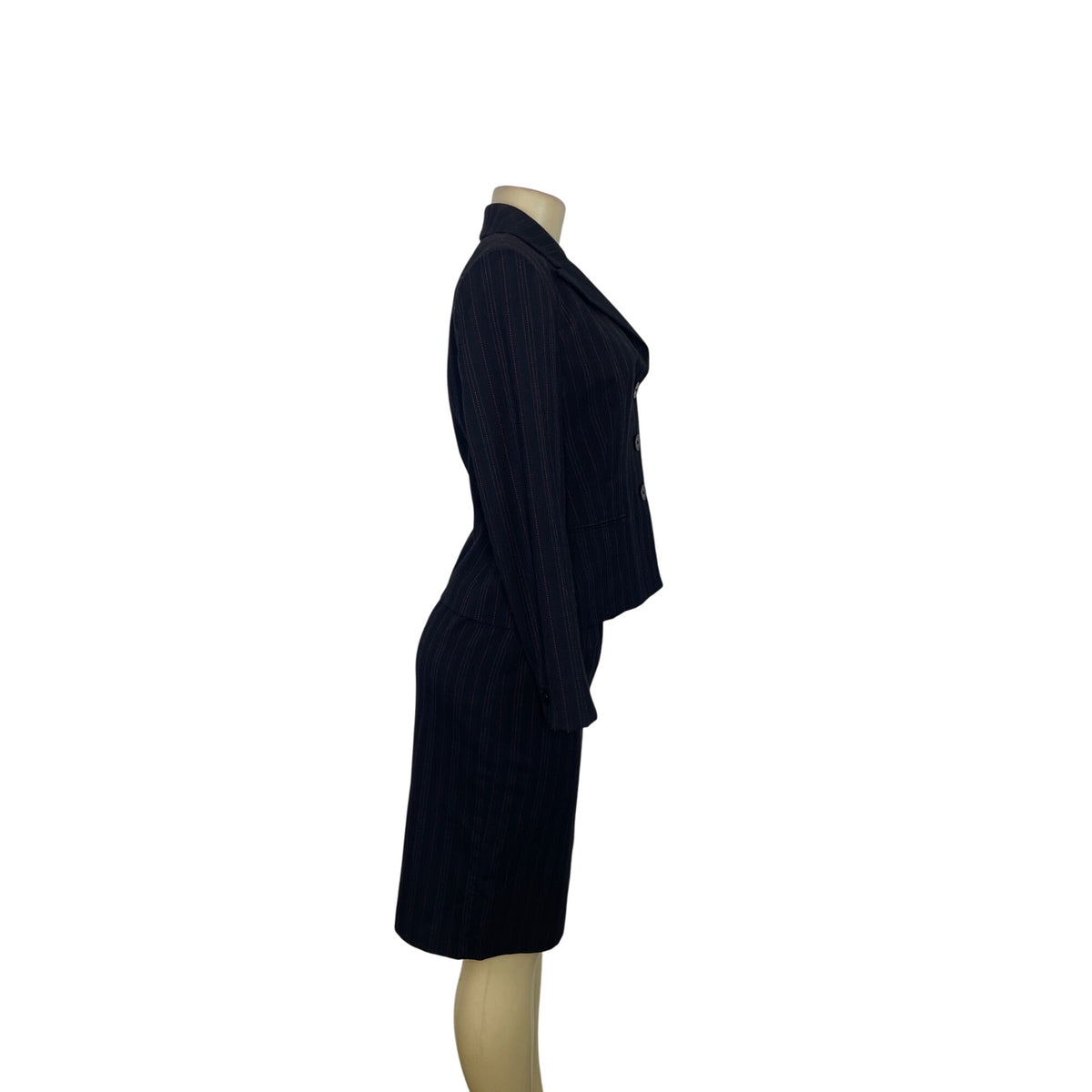 Ann Klein Women’s Pinstripe Two-Piece Suit Jacket & Skirt Size 6P Button-Up Closure Classic Fit Professional Office Wear
