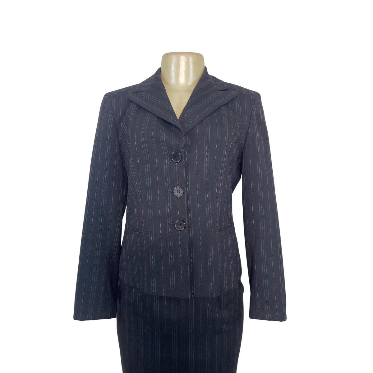 Ann Klein Women’s Pinstripe Two-Piece Suit Jacket & Skirt Size 6P Button-Up Closure Classic Fit Professional Office Wear