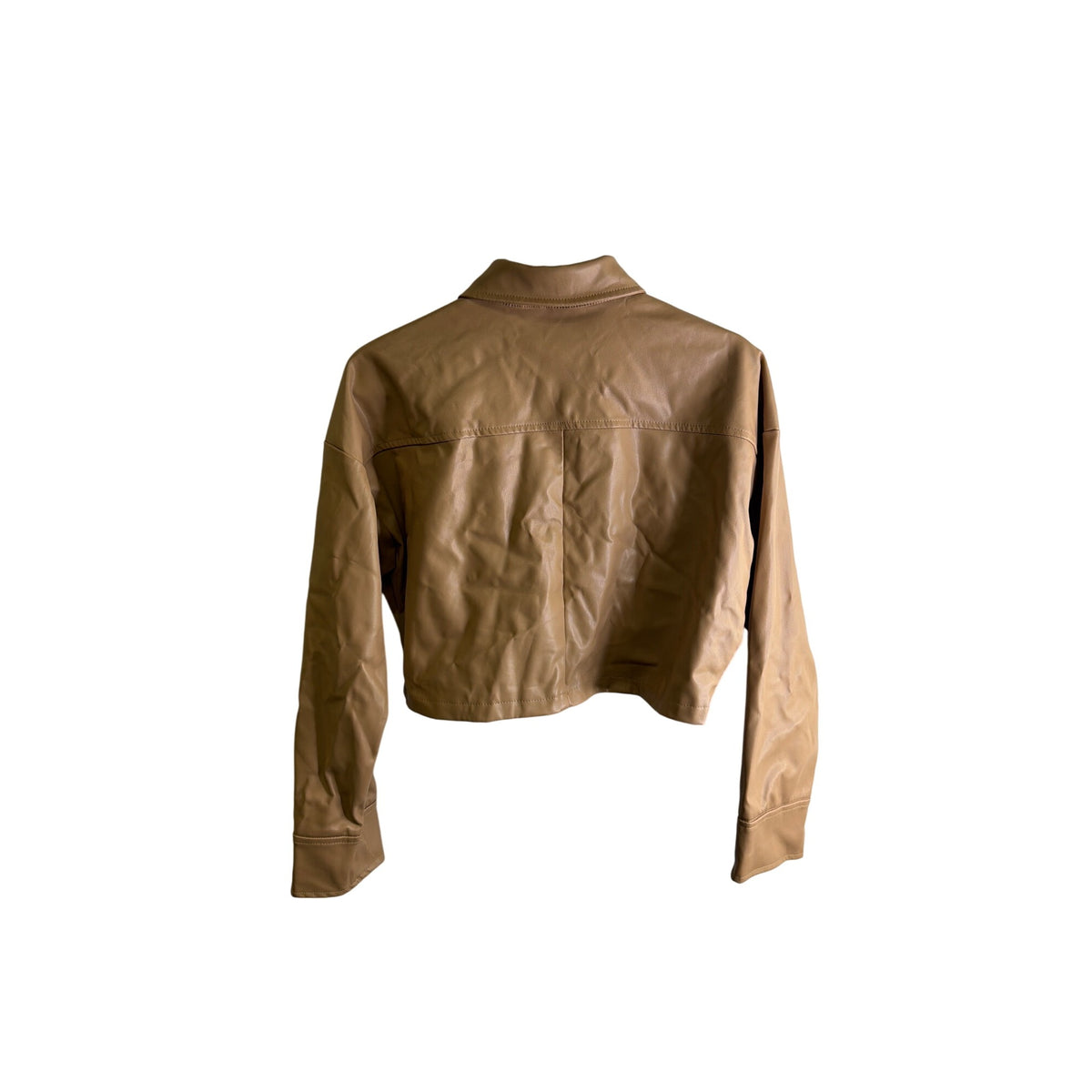 Privy Womens Beige Faux Leather Cropped Jacket Medium Button Up Front Pockets Stylish