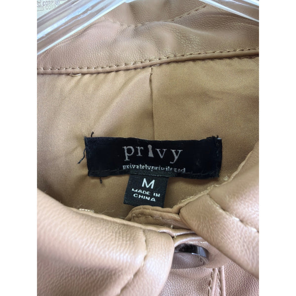 Privy Womens Beige Faux Leather Cropped Jacket Medium Button Up Front Pockets Stylish