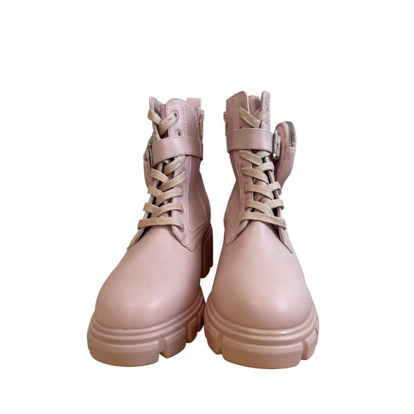 Tanzi Girls Pink Man-Made Chunky Sole Combat Boots With Detachable Pouch Size 5 US