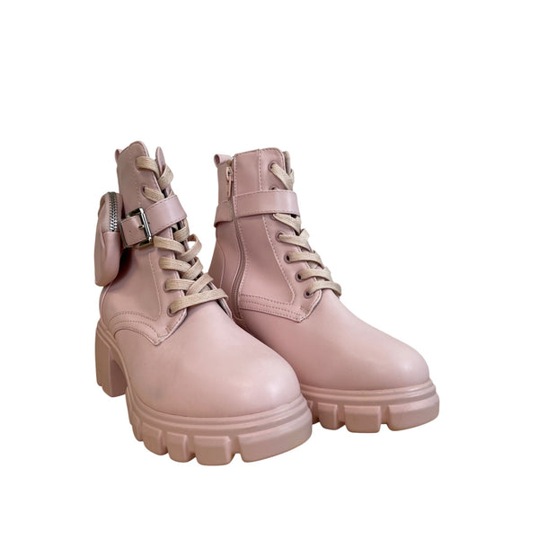 Tanzi Girls Pink Man-Made Chunky Sole Combat Boots With Detachable Pouch Size 5 US
