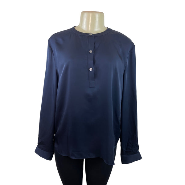 Theory Womens Navy Blue Long Sleeve Button-Front Blouse Size L
