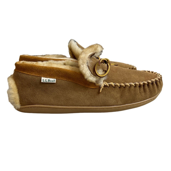 L.L Bean Men's Brown Leather & Fur Moccasin Shoes Sz 10