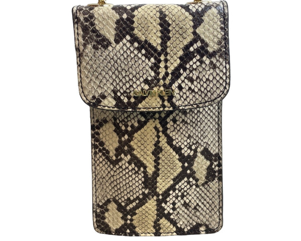 Calvin Klein White Reptile Skin Print Canvas W Golden Chain Strap Clutch Bag
