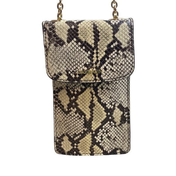 Calvin Klein White Reptile Skin Print Canvas W Golden Chain Strap Clutch Bag