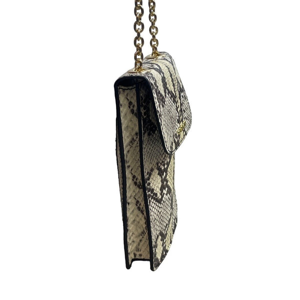 Calvin Klein White Reptile Skin Print Canvas W Golden Chain Strap Clutch Bag