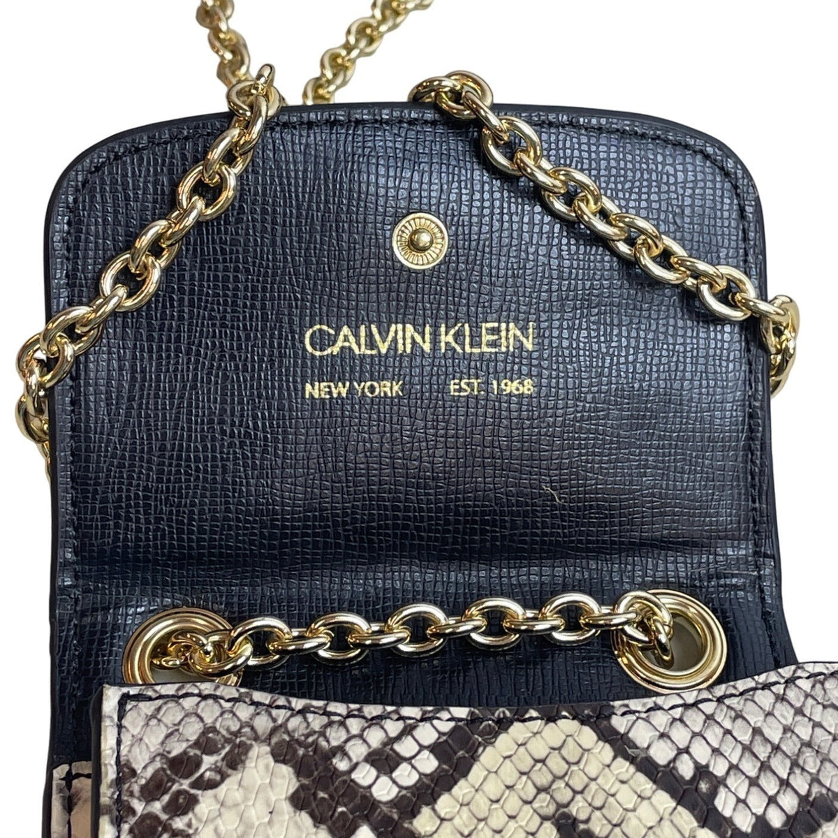 Calvin Klein White Reptile Skin Print Canvas W Golden Chain Strap Clutch Bag