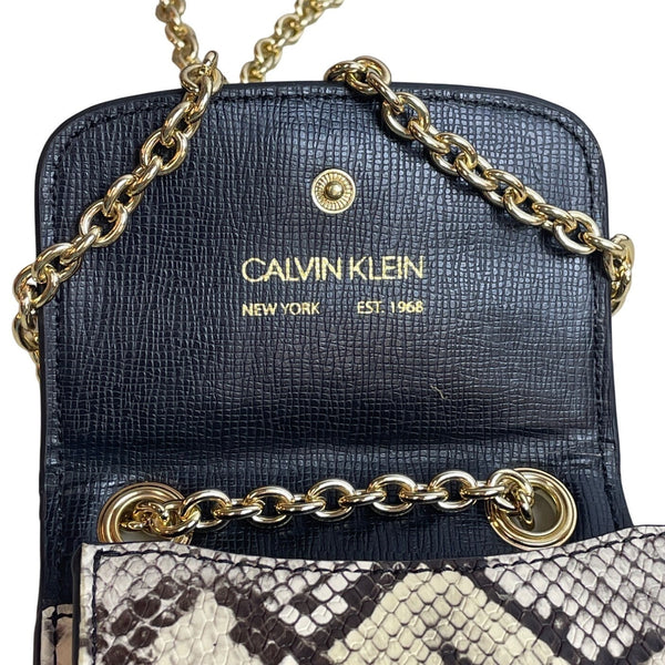 Calvin Klein White Reptile Skin Print Canvas W Golden Chain Strap Clutch Bag