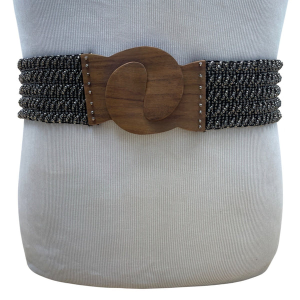 Vintage Black Beaded Stretch Belt With Wooden Clasp Hook