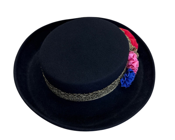 Black Felt Hat W/ Gold Lace Band & Colorful Fabric Flowers Bollman Hat Co