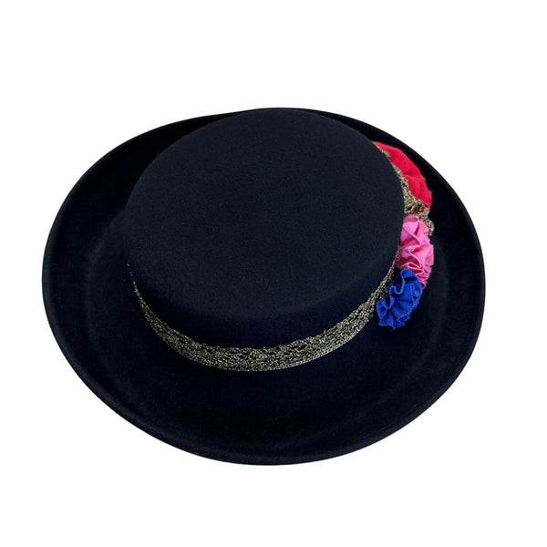 Black Felt Hat W/ Gold Lace Band & Colorful Fabric Flowers Bollman Hat Co