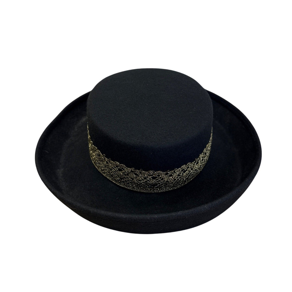 Black Felt Hat W/ Gold Lace Band & Colorful Fabric Flowers Bollman Hat Co