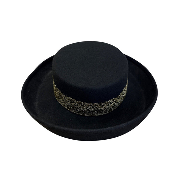 Black Felt Hat W/ Gold Lace Band & Colorful Fabric Flowers Bollman Hat Co