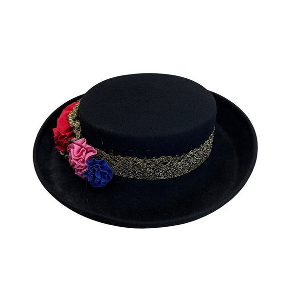Black Felt Hat W/ Gold Lace Band & Colorful Fabric Flowers Bollman Hat Co