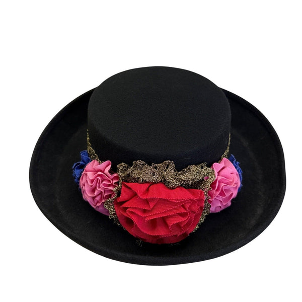 Black Felt Hat W/ Gold Lace Band & Colorful Fabric Flowers Bollman Hat Co