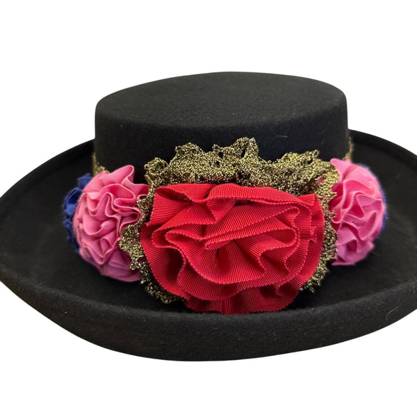 Black Felt Hat W/ Gold Lace Band & Colorful Fabric Flowers Bollman Hat Co