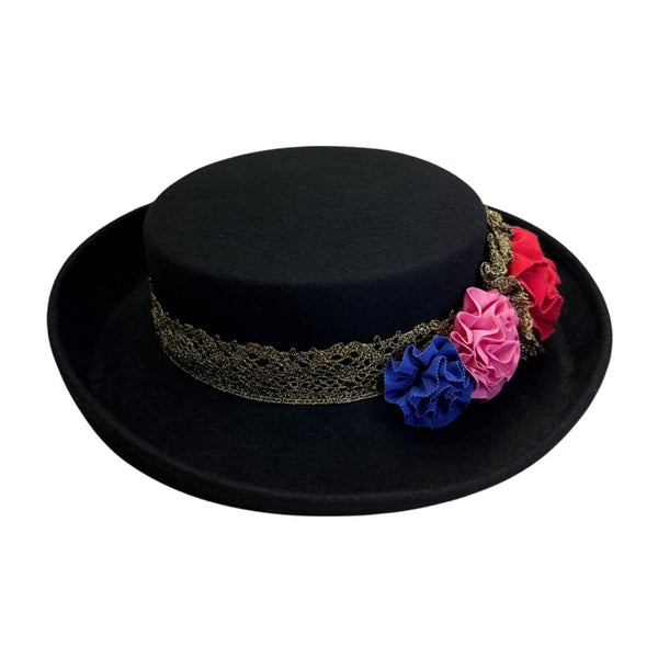 Black Felt Hat W/ Gold Lace Band & Colorful Fabric Flowers Bollman Hat Co