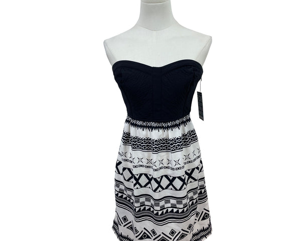 Hurley Women Strapless Black & White Aztec Print Smocked Back Dress Sz XS - New