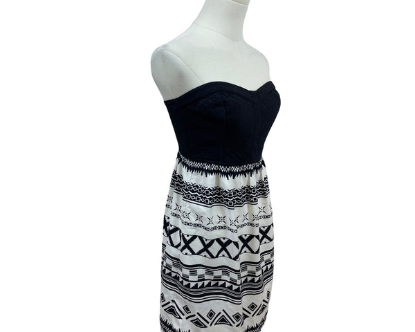 Hurley Women Strapless Black & White Aztec Print Smocked Back Dress Sz XS - New