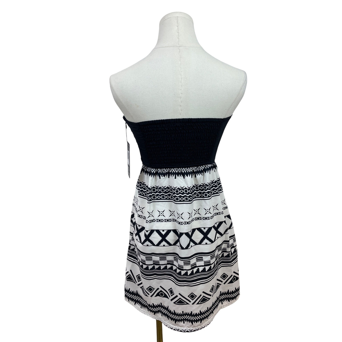 Hurley Women Strapless Black & White Aztec Print Smocked Back Dress Sz XS - New