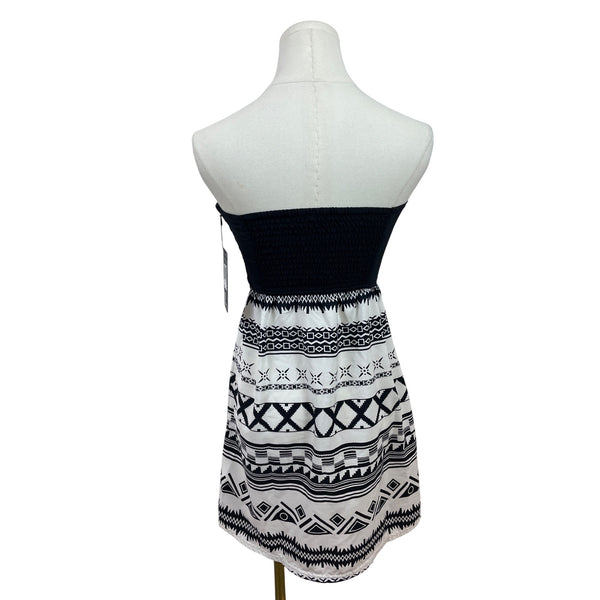 Hurley Women Strapless Black & White Aztec Print Smocked Back Dress Sz XS - New