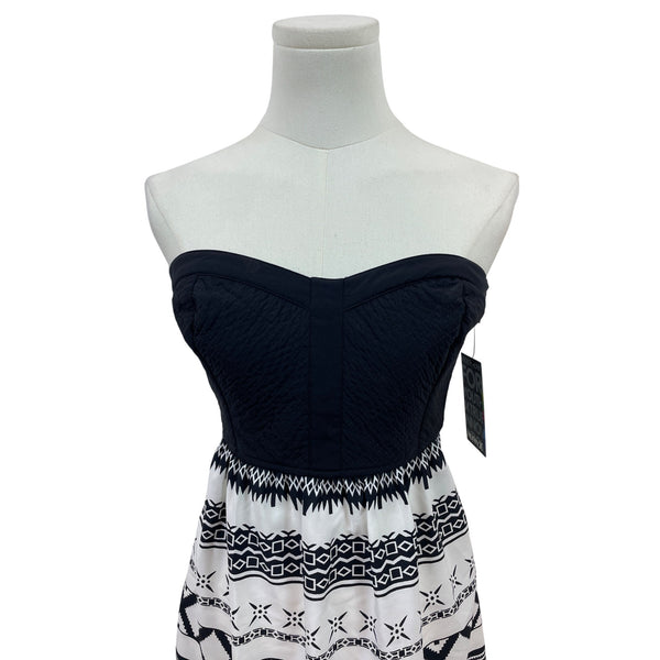 Hurley Women Strapless Black & White Aztec Print Smocked Back Dress Sz XS - New