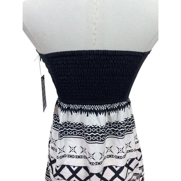Hurley Women Strapless Black & White Aztec Print Smocked Back Dress Sz XS - New