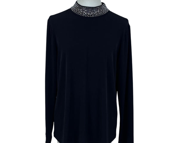 Susan Graver Womens Black Long Sleeve Rhinestone Embellished Mock Neck Top Sz M