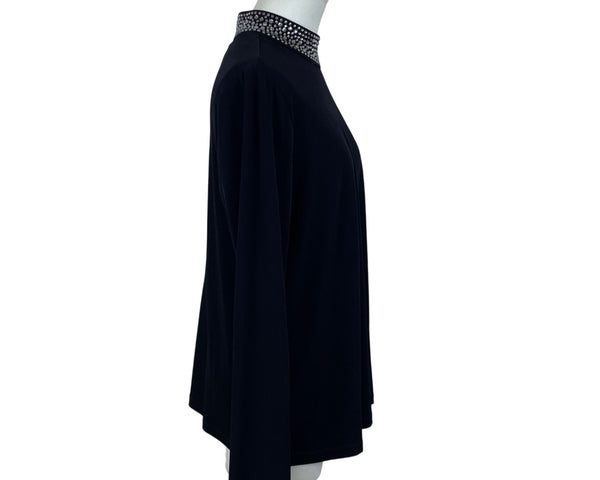 Susan Graver Womens Black Long Sleeve Rhinestone Embellished Mock Neck Top Sz M