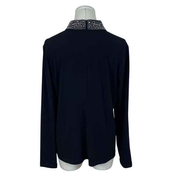 Susan Graver Womens Black Long Sleeve Rhinestone Embellished Mock Neck Top Sz M
