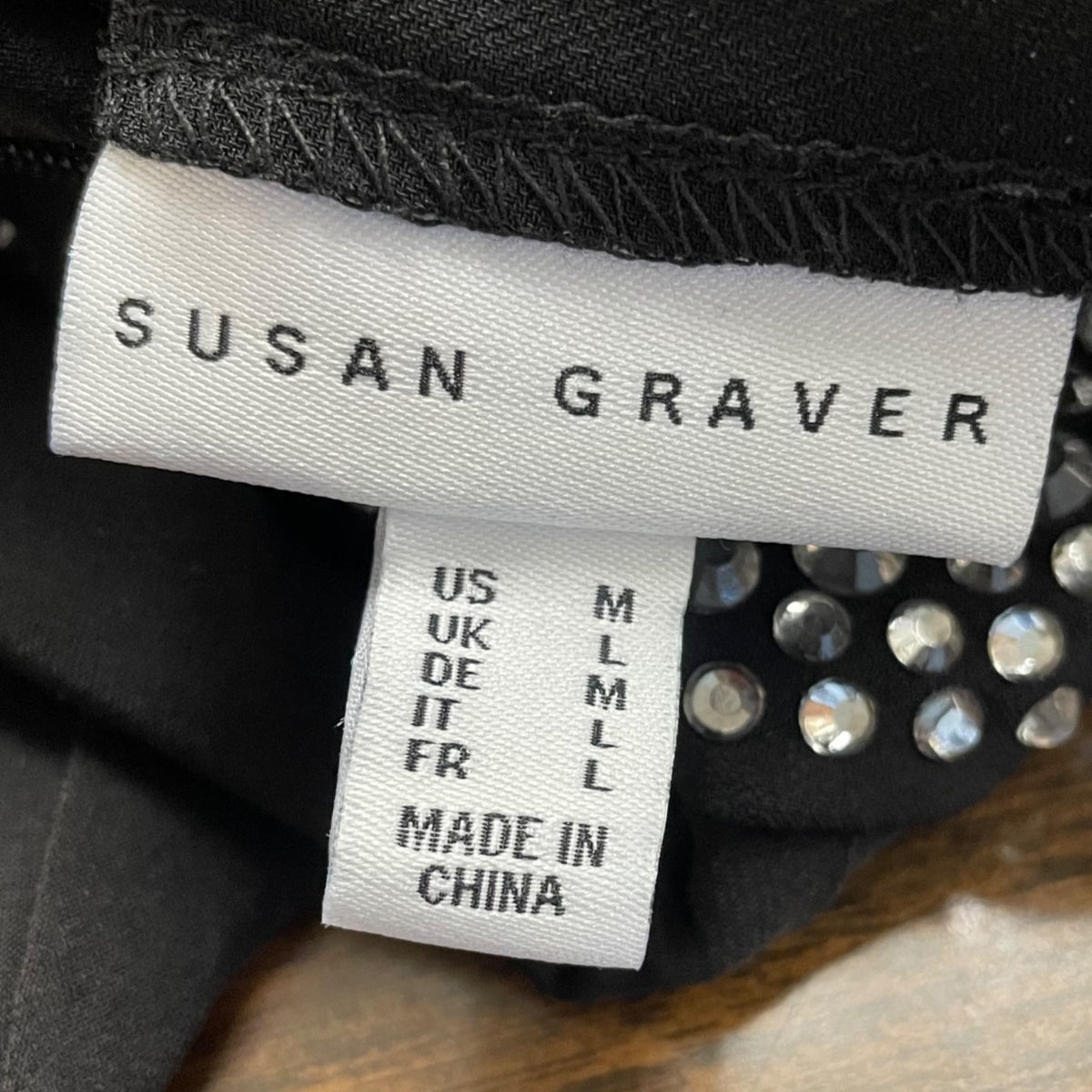Susan Graver Womens Black Long Sleeve Rhinestone Embellished Mock Neck Top Sz M
