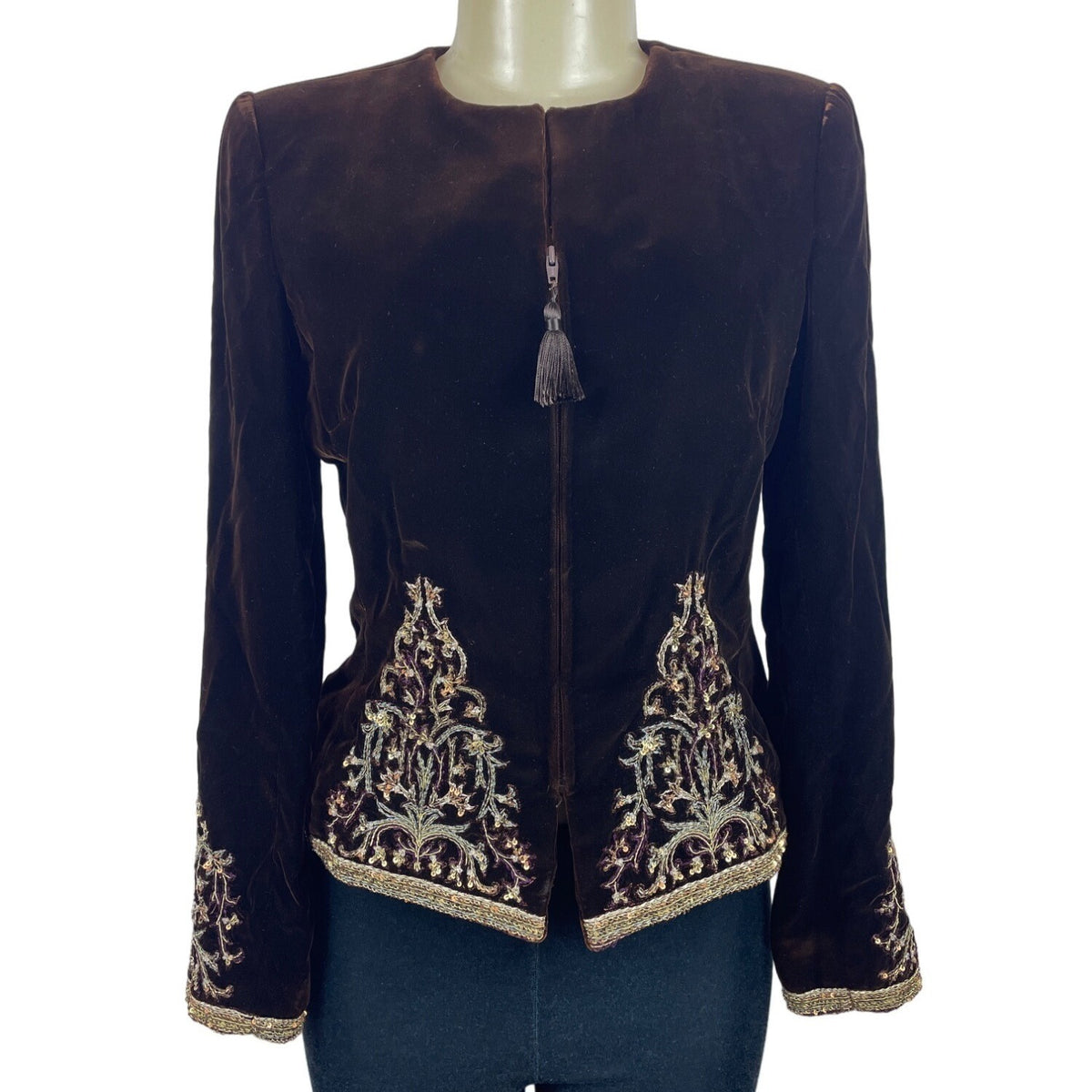 Oscar de la Renta Neiman Marcus Women's Brown Embroidered Velvet Blazer Size 8