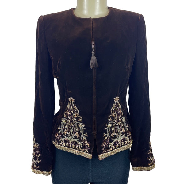 Oscar de la Renta Neiman Marcus Women's Brown Embroidered Velvet Blazer Size 8